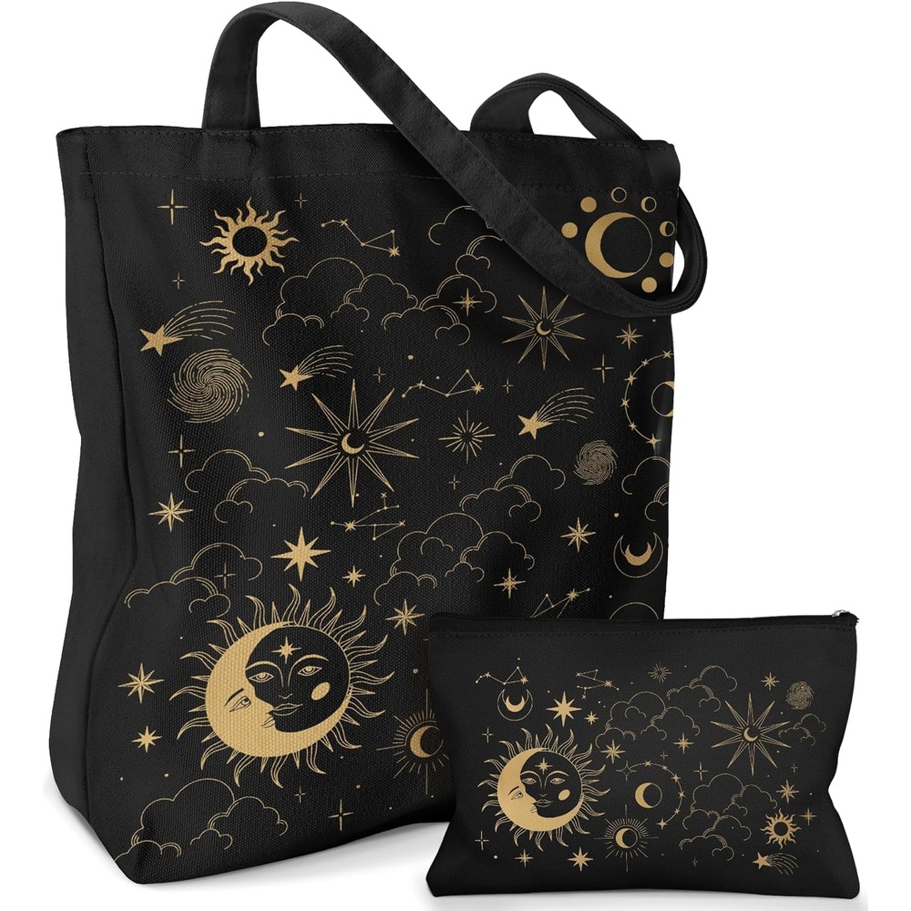 image:imageMiss Adola 2 Pack Canvas Tote Bag with Makeup Pouch Aesthetic Cute Women Reusable Canvas Bag for Shopping Work TravelSun Moon Sign