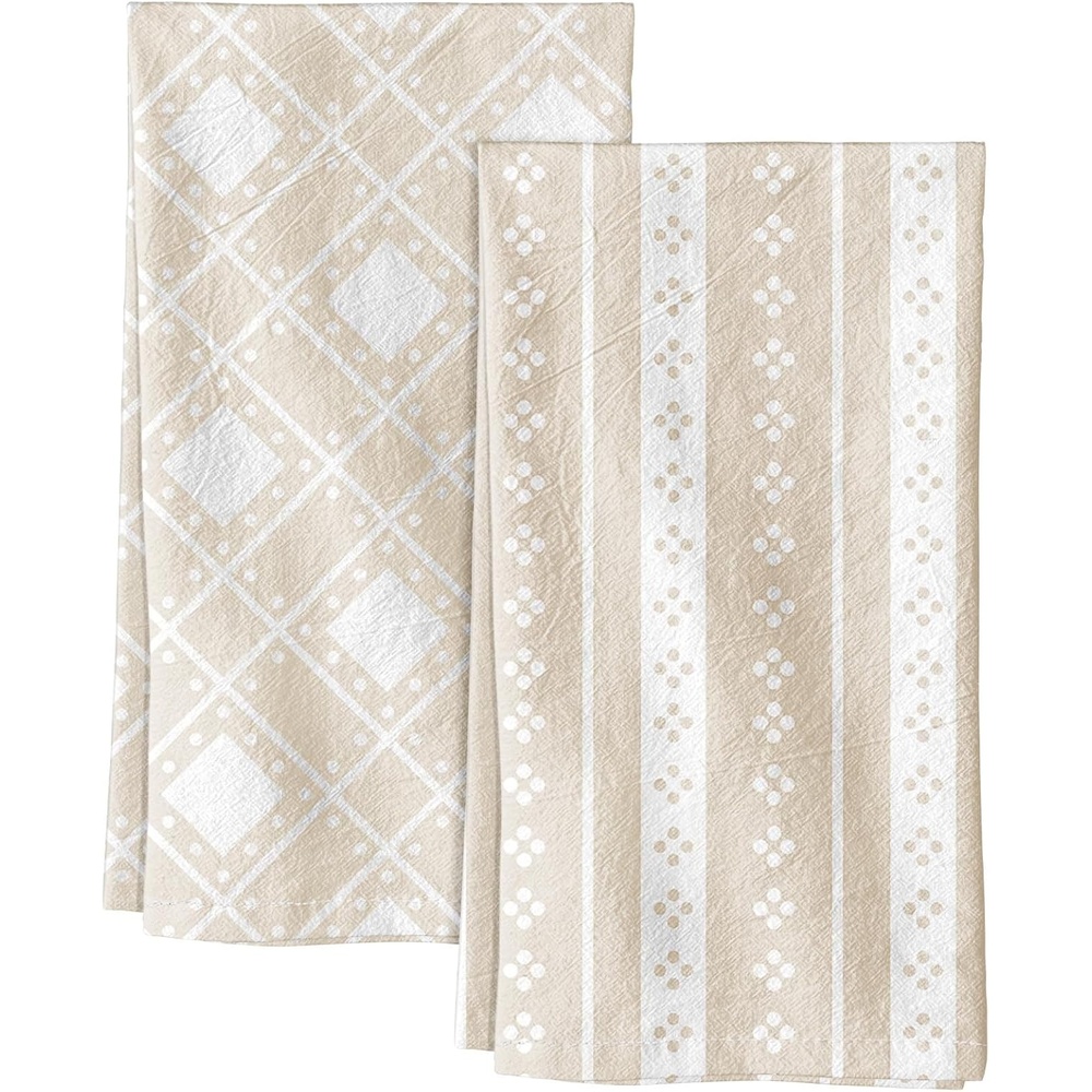 image:imageMiss Adola 2 Pack Flour Sack Kitchen Towels 16x26 Inch Cotton Dish Towels with Hanging Loop Reusable Geometric Boho Modern Retro Tea Towel Absorbent Dishcloths Home Decor Beige Checkered FlowerBeige Bohemia