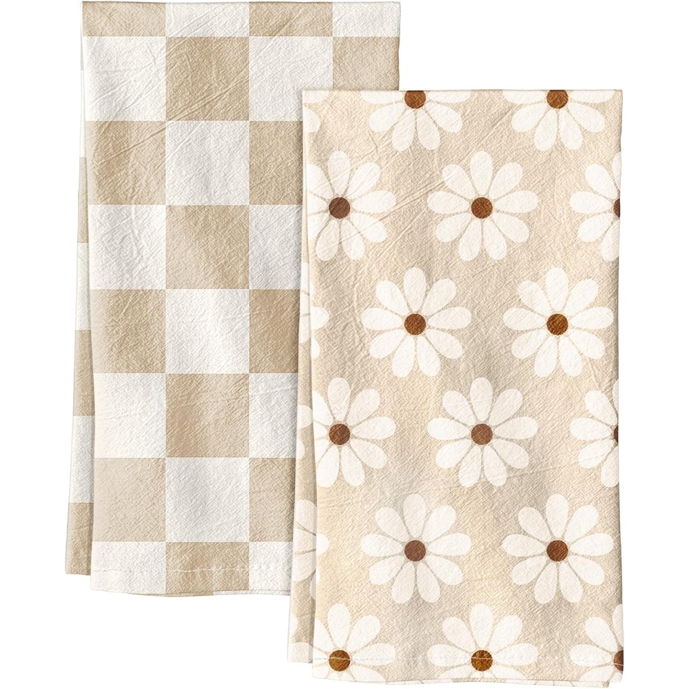 image:imageMiss Adola 2 Pack Flour Sack Kitchen Towels 16x26 Inch Cotton Dish Towels with Hanging Loop Reusable Geometric Boho Modern Retro Tea Towel Absorbent Dishcloths Home Decor Beige Checkered FlowerBeige Daisy