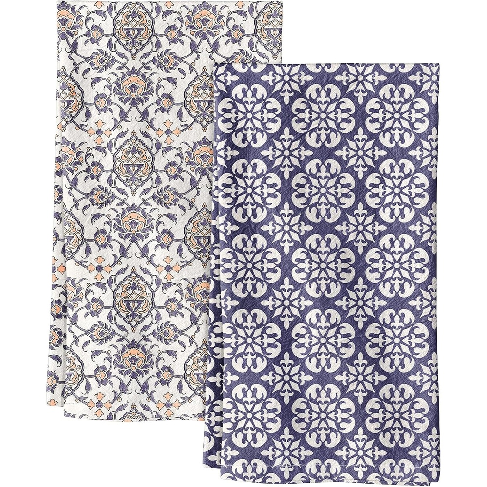 image:imageMiss Adola 2 Pack Flour Sack Kitchen Towels 16x26 Inch Cotton Dish Towels with Hanging Loop Reusable Geometric Boho Modern Retro Tea Towel Absorbent Dishcloths Home Decor Beige Checkered FlowerBlue Boho Style