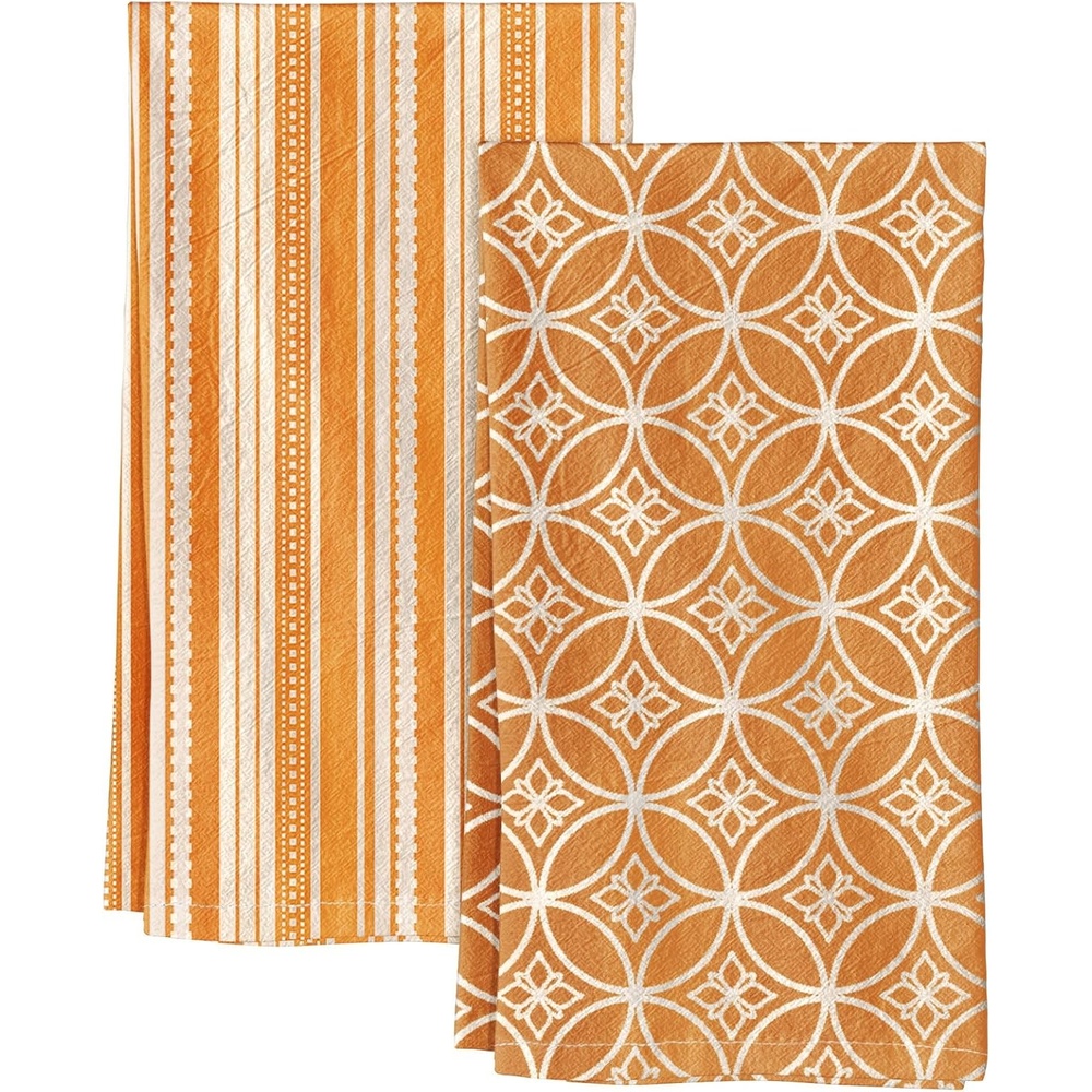 image:imageMiss Adola 2 Pack Flour Sack Kitchen Towels 16x26 Inch Cotton Dish Towels with Hanging Loop Reusable Geometric Boho Modern Retro Tea Towel Absorbent Dishcloths Home Decor Beige Checkered FlowerOrange Stripe