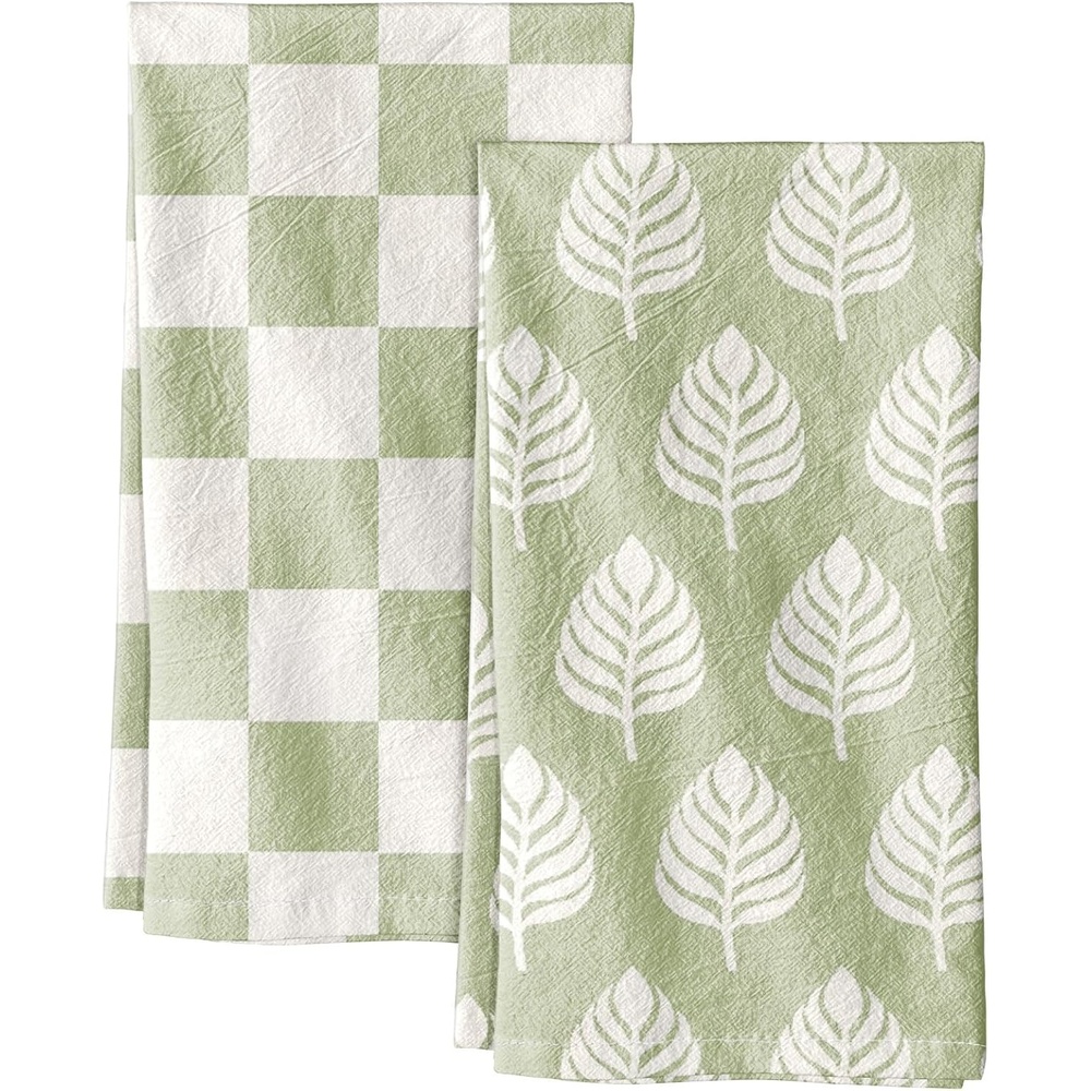 image:imageMiss Adola 2 Pack Flour Sack Kitchen Towels 16x26 Inch Cotton Dish Towels with Hanging Loop Reusable Geometric Boho Modern Tea Towel Absorbent Dishcloths Home Decor Beige BohemiaGreen Leaf