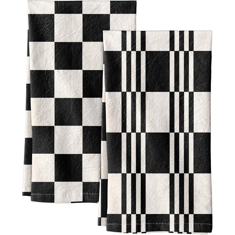 image:imageMiss Adola 2 Pack Flour Sack Kitchen Towels 16x26 Inch Cotton Dish Towels with Hanging Loop Reusable Geometric Boho Modern Tea Towel Absorbent Dishcloths Home Decor Beige BohemiaCheckered