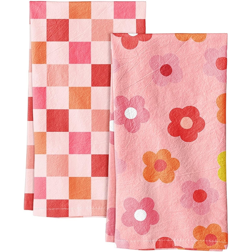 image:imageMiss Adola 2 Pack Flour Sack Kitchen Towels 16x26 Inch Cotton Dish Towels with Hanging Loop Reusable Geometric Boho Modern Tea Towel Absorbent Dishcloths Home Decor Beige BohemiaPink Checkered Flower