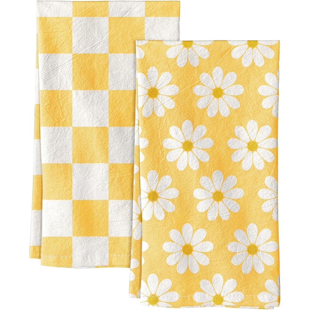 image:imageMiss Adola 2 Pack Flour Sack Kitchen Towels 16x26 Inch Cotton Dish Towels with Hanging Loop Reusable Geometric Boho Modern Tea Towel Absorbent Dishcloths Home Decor Beige BohemiaYellow Daisy