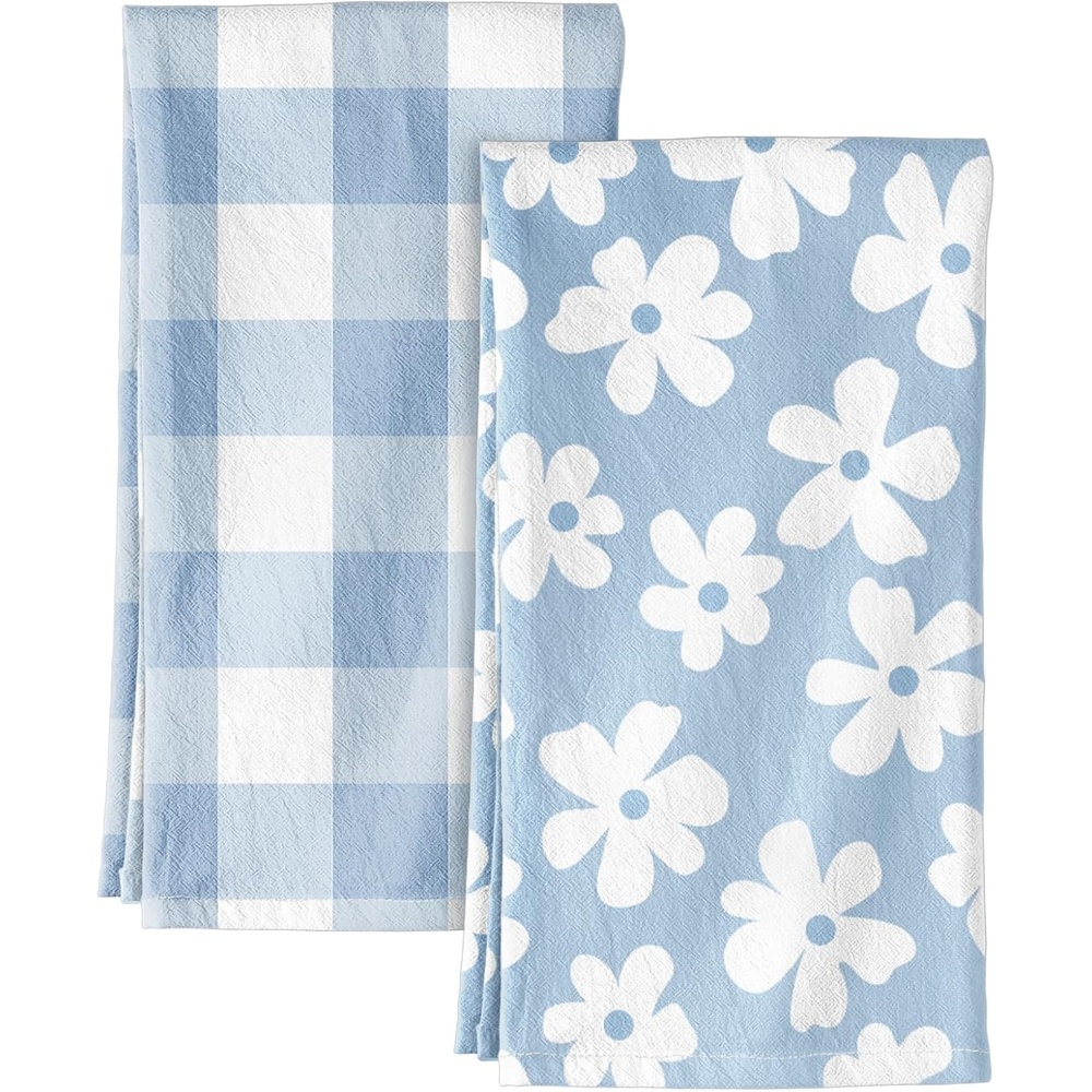 image:imageMiss Adola 2pcs Flour Sack Kitchen Towels 18x 26 Cotton Kitchen Hand Towels with Hanging Loop Reusable Geometric Girly Plaid Floral Tea Towel Absorbent Dishcloths Home Decor Pink FlowerBaby Blue