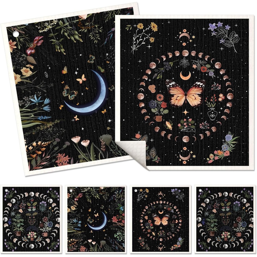 image:imageMiss Adola 6 Pack Swedish Dishcloths for Kitchen Reusable Dish Cloths for Washing Dishes Absorbent Cute Funny Kitchen Towels Cleaning Sponge Floral CatMoonlit Butterfly
