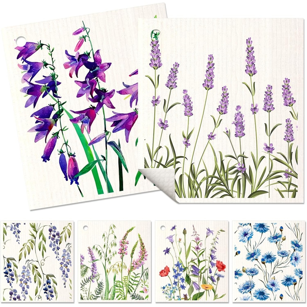 image:imageMiss Adola 6 Pack Swedish Dishcloths for Kitchen Reusable Dish Cloths for Washing Dishes Absorbent Cute Funny Kitchen Towels Cleaning Sponge Floral CatLavender Flower