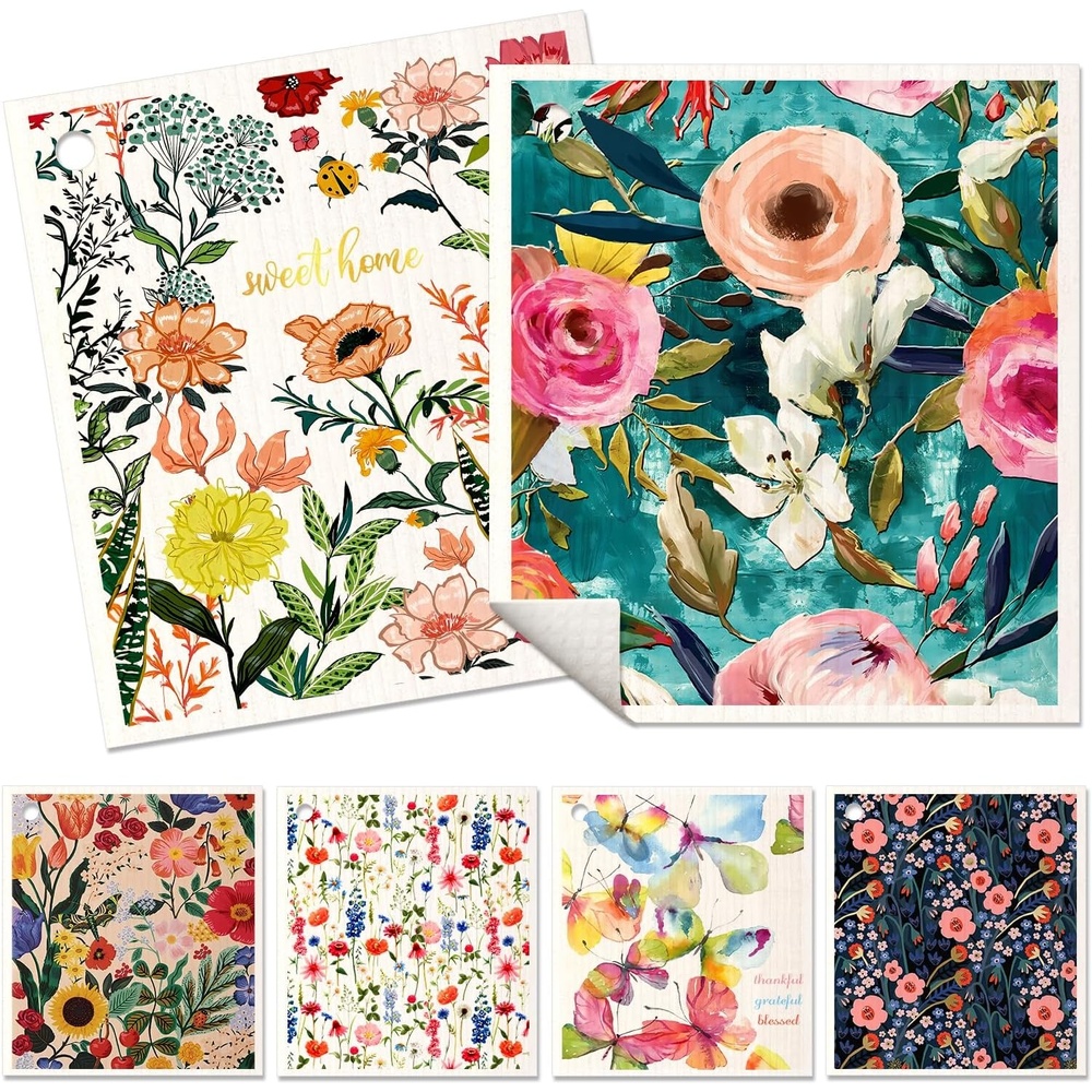 image:imageMiss Adola 6 Pack Swedish Dishcloths for Kitchen Reusable Dish Cloths for Washing Dishes Absorbent Cute Funny Kitchen Towels Cleaning Sponge Floral CatFloral Bird