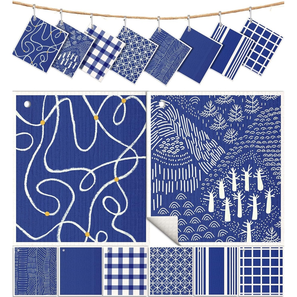 image:imageMiss Adola 8 Pack Reusable Kitchen Dishcloths Absorbent Fast Drying Washable Swedish Towels with Cute Black Skull DesignBlue Line