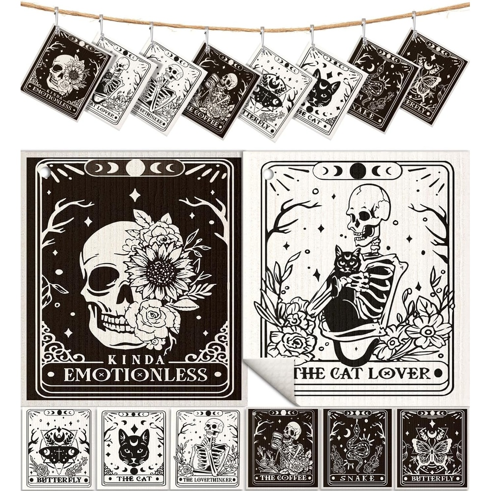 image:imageMiss Adola 8 Pack Reusable Kitchen Dishcloths Absorbent Fast Drying Washable Swedish Towels with Cute Black Skull DesignWhite Skull