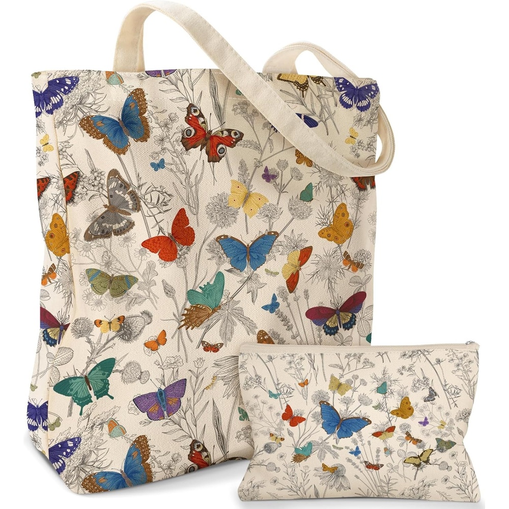 image:imageMiss Adola Aesthetic 2 Pack Canvas Tote Bag with Makeup Pouch Bag for Women Reusable Grocery Bag for Gym Travel WorkLine Butterfly