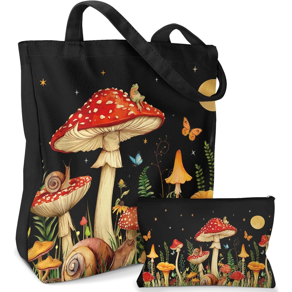 image:imageMiss Adola Aesthetic 2 Pack Canvas Tote Bag with Makeup Pouch Bag for Women Reusable Grocery Bag for Gym Travel WorkMoon Swamm