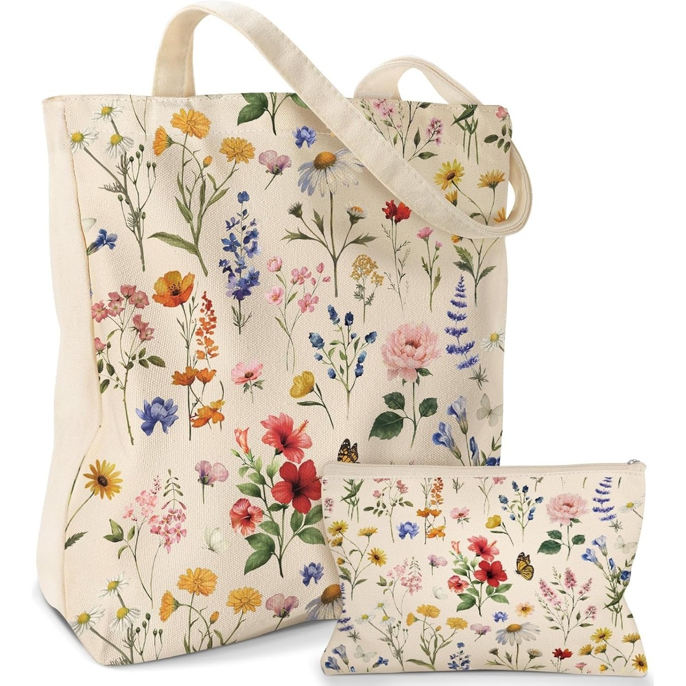 image:imageMiss Adola Aesthetic 2 Pack Canvas Tote Bag with Makeup Pouch Bag for Women Reusable Grocery Bag for Gym Travel WorkRetro Flowers