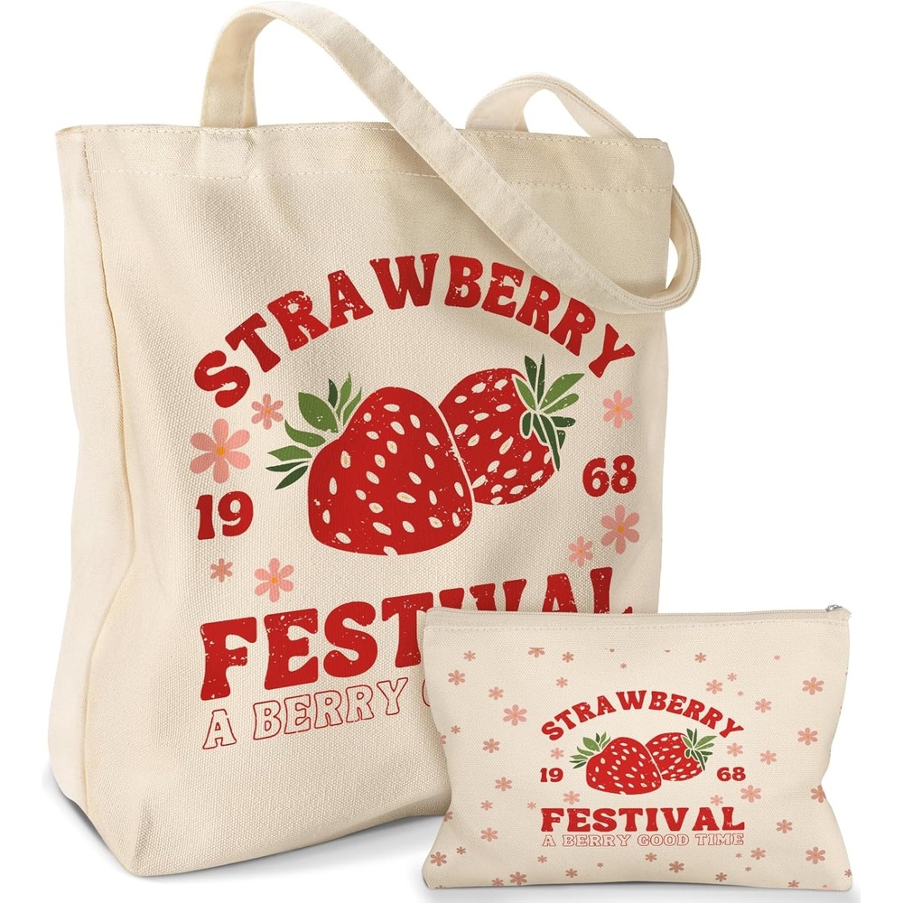 image:imageMiss Adola Aesthetic 2 Pack Canvas Tote Bag with Makeup Pouch Bag for Women Reusable Grocery Bag for Gym Travel WorkStrawberry Festival