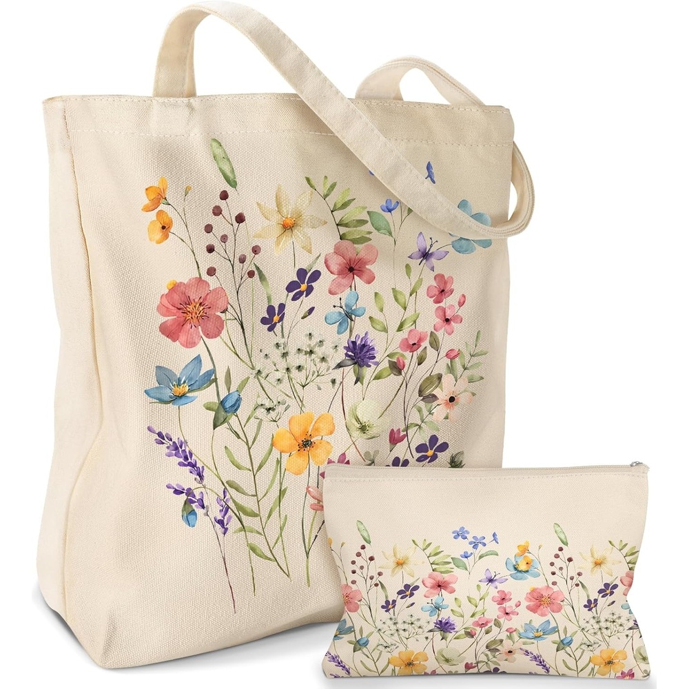 image:imageMiss Adola Aesthetic 2 Pack Canvas Tote Bag with Makeup Pouch Bag for Women Reusable Grocery Bag for Gym Travel WorkWatercolor Flower