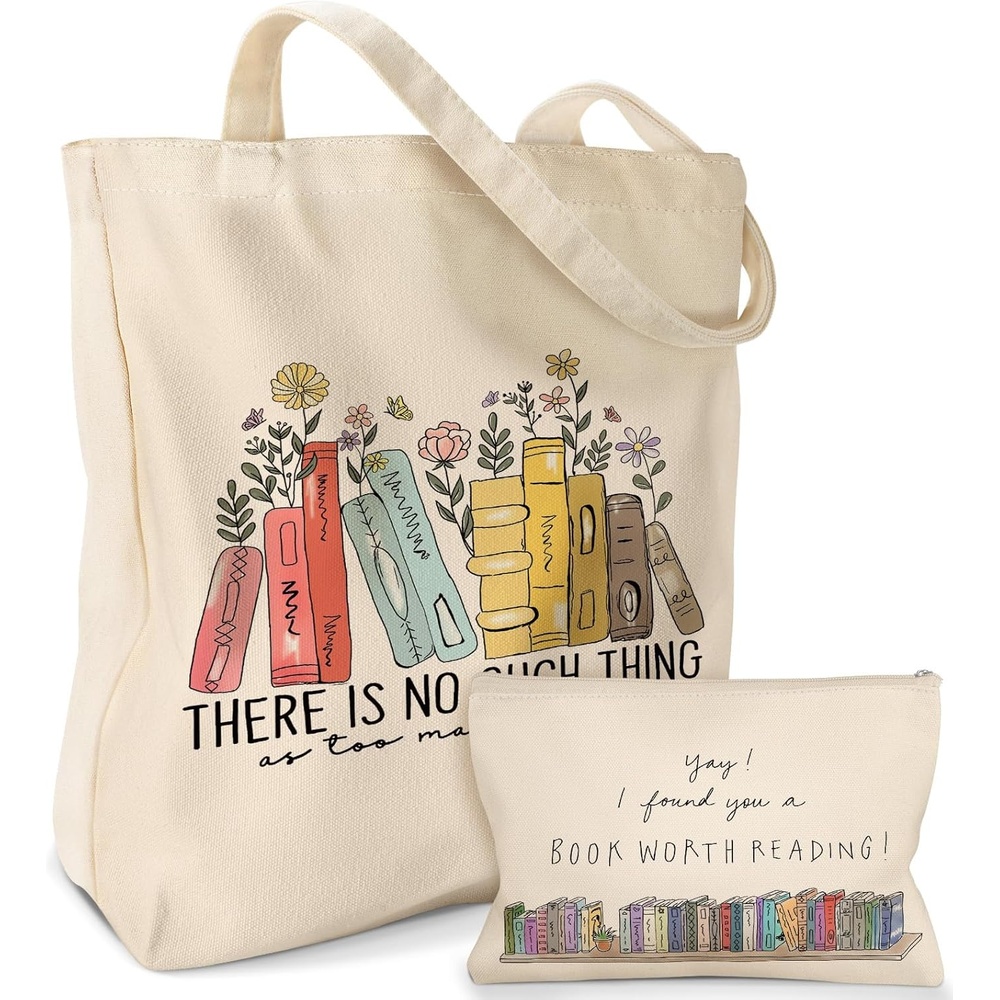image:imageMiss Adola Aesthetic 2 Pack Canvas Tote Bag with Makeup Zipper Pouch for Women Bag for Shopping Gym Travel VacationColorful Book