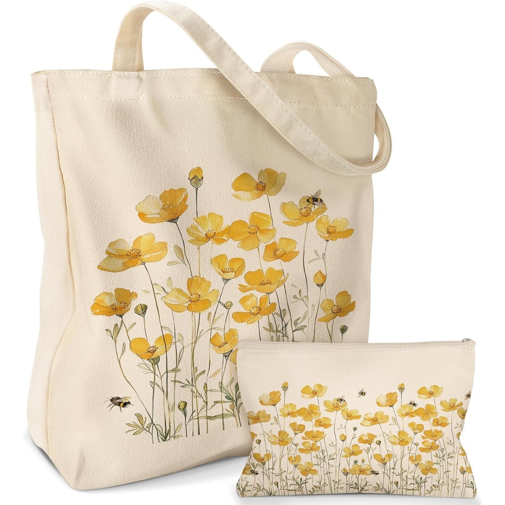 image:imageMiss Adola Aesthetic 2 Pack Canvas Tote Bag with Makeup Zipper Pouch for Women Bag for Shopping Gym Travel VacationDaisy