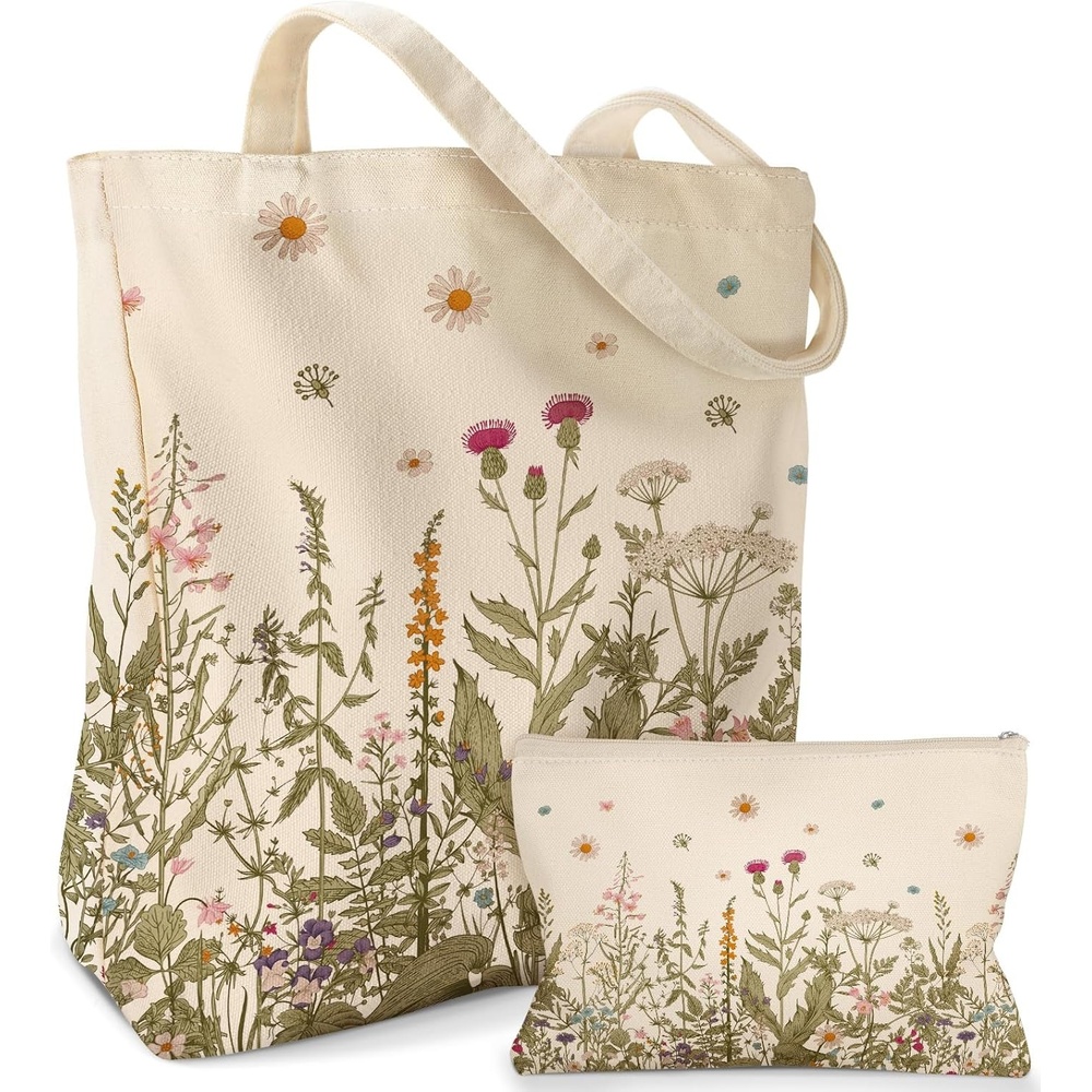 image:imageMiss Adola Aesthetic 2 Pack Canvas Tote Bag with Makeup Zipper Pouch for Women Bag for Shopping Gym Travel VacationFlower Grass