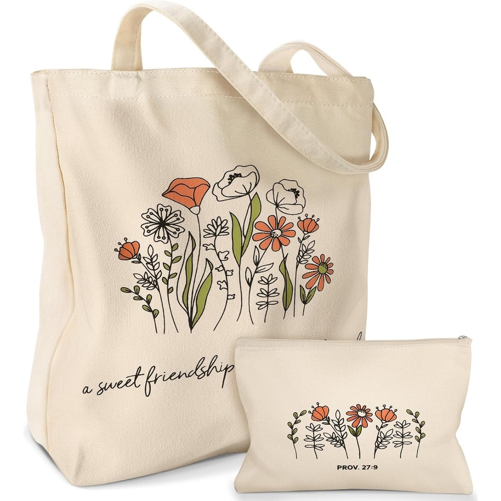 image:imageMiss Adola Aesthetic 2 Pack Canvas Tote Bag with Makeup Zipper Pouch for Women Bag for Shopping Gym Travel VacationFriendship Flower