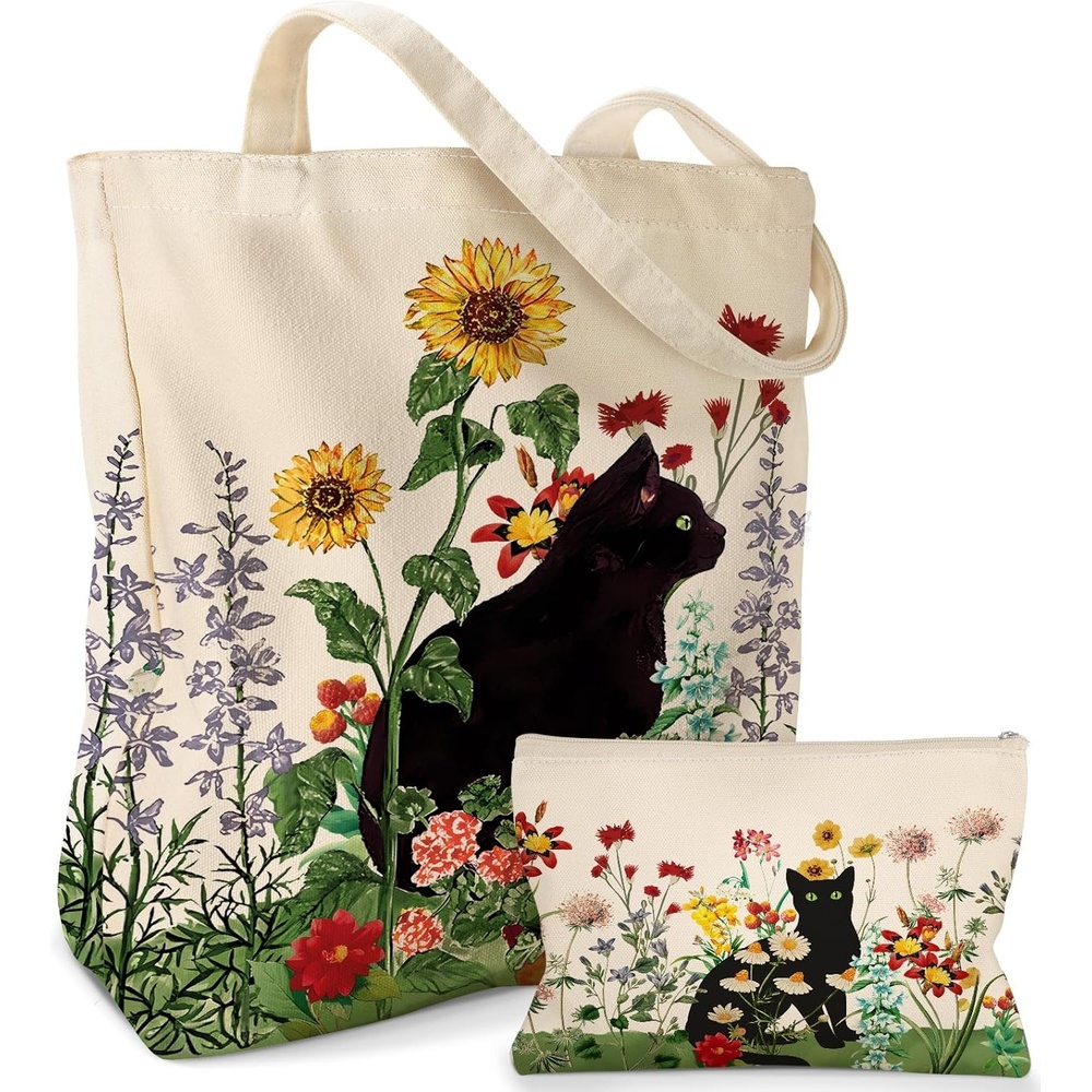 image:imageMiss Adola Aesthetic 2 Pack Canvas Tote Bag with Makeup Zipper Pouch for Women Bag for Shopping Gym Travel VacationGrass Cat