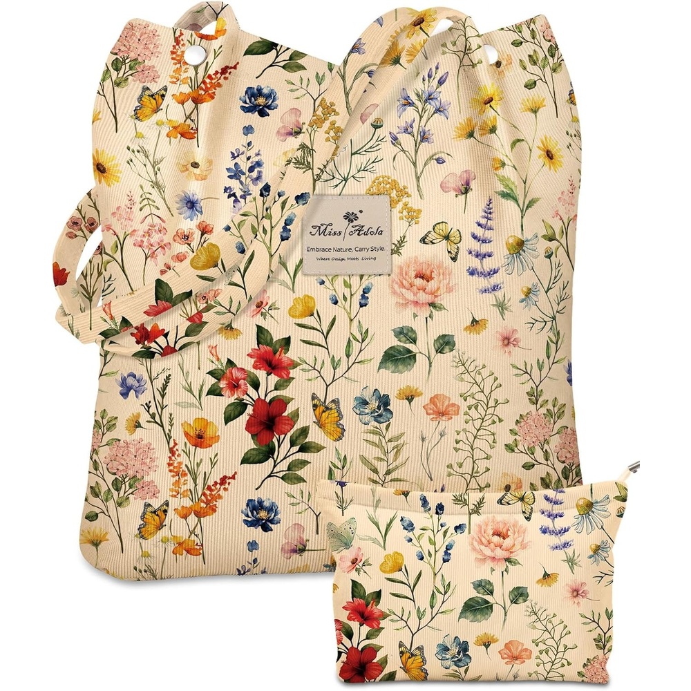 image:imageMiss Adola Aesthetic 2 Pack Corduroy Tote Bag with Makeup Pouch Bag for Women Reusable Grocery Bag for Gym Travel WorkBeige Flower
