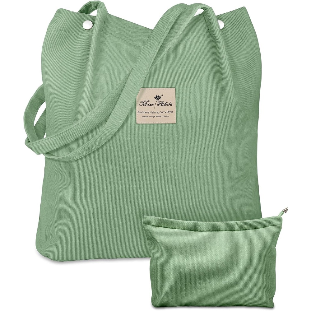 image:imageMiss Adola Aesthetic 2 Pack Corduroy Tote Bag with Makeup Pouch Bag for Women Reusable Grocery Bag for Gym Travel WorkGreen