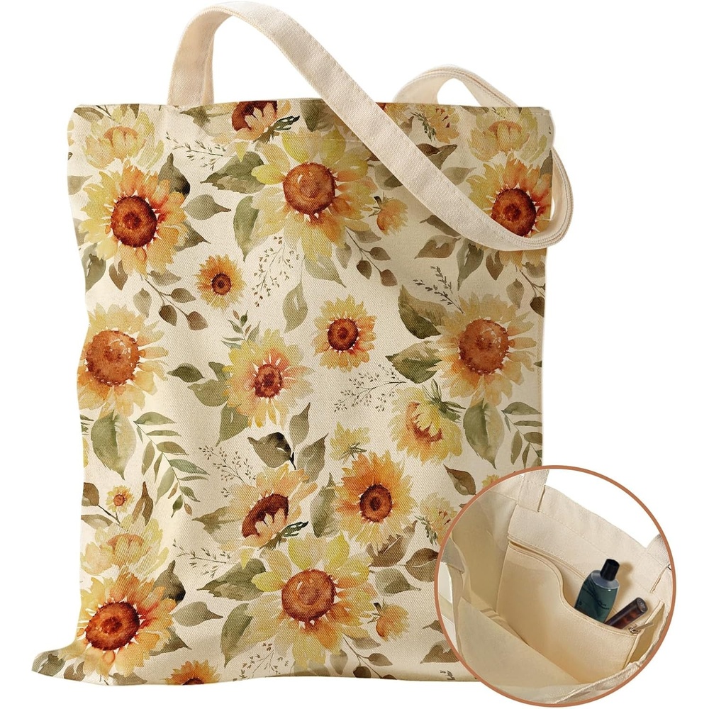 image:imageMiss Adola Aesthetic Canvas Tote Bag with Inner Pocket for Women Cloth Cotton Totes Bag with Pattern for Shopping GymSunflower