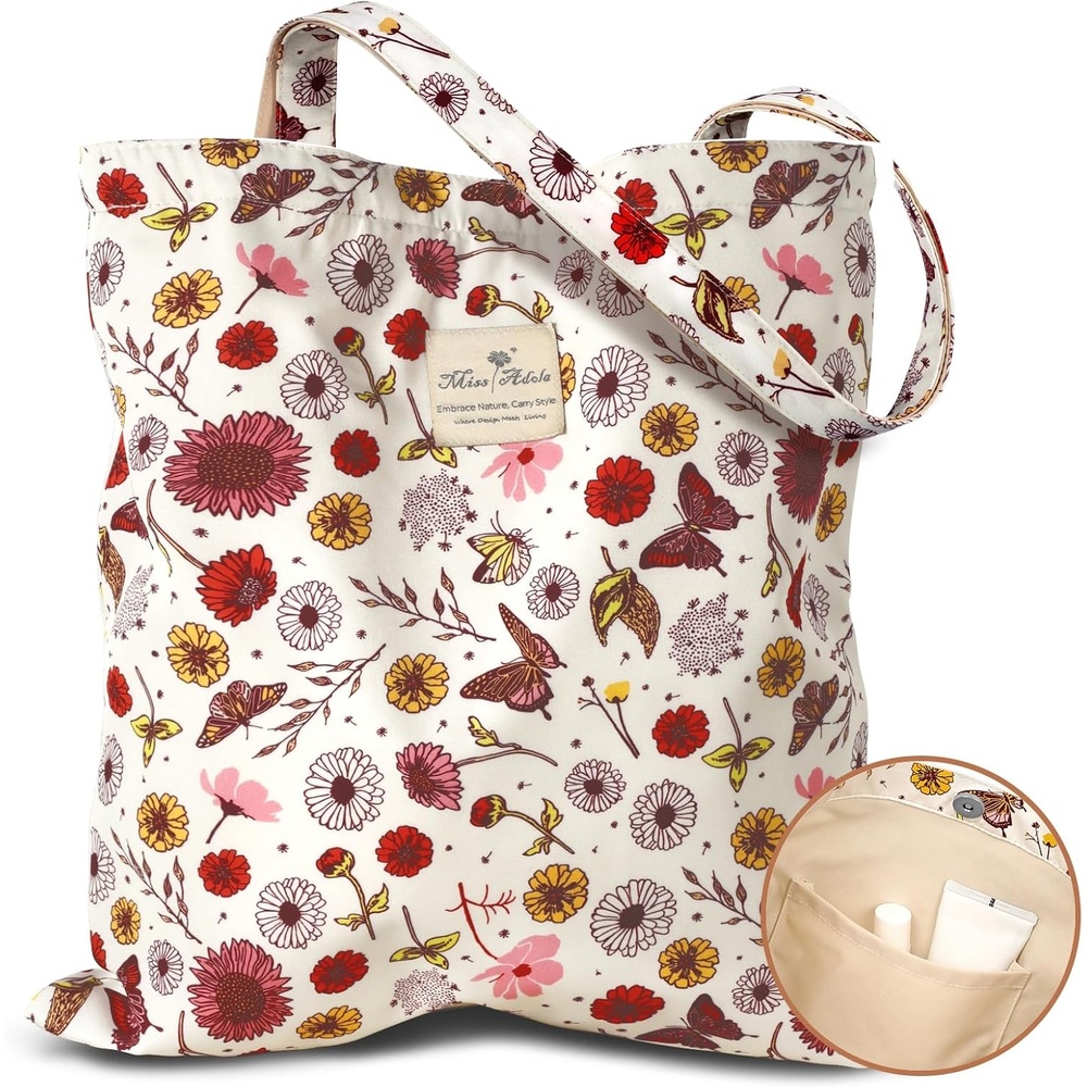 image:imageMiss Adola Aesthetic Tote Bag for Women Reusable Shoulder Bag with Buckle Fabric Bag for Gym Travel WorkButterfly Flower