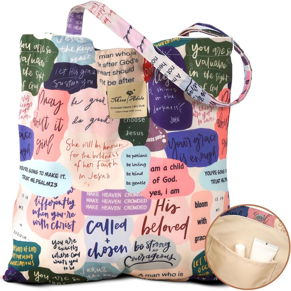 image:imageMiss Adola Aesthetic Tote Bag for Women Reusable Shoulder Bag with Buckle Fabric Bag for Gym Travel WorkChristian Quotes