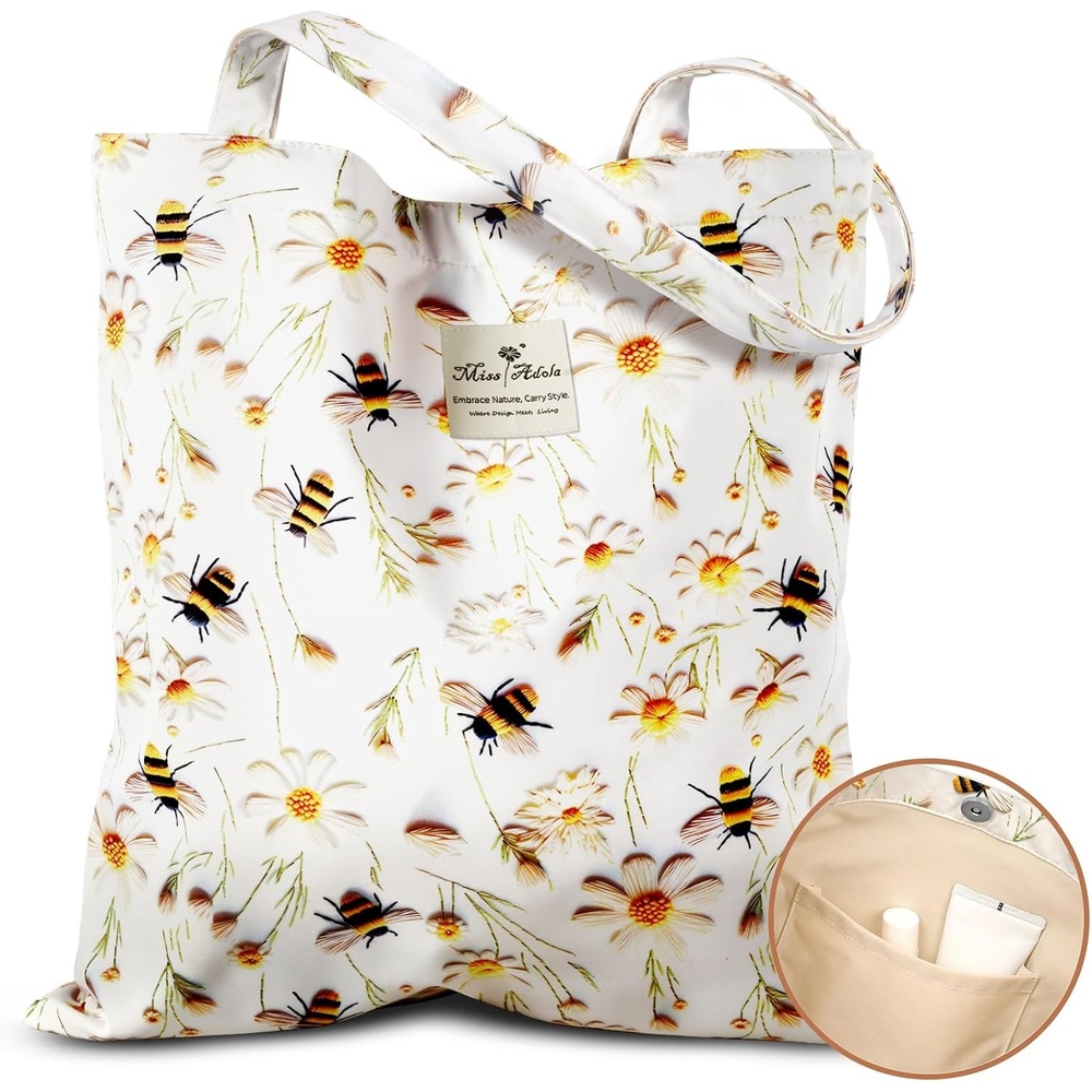 image:imageMiss Adola Aesthetic Tote Bag for Women Reusable Shoulder Bag with Buckle Fabric Bag for Gym Travel WorkFlower Bee