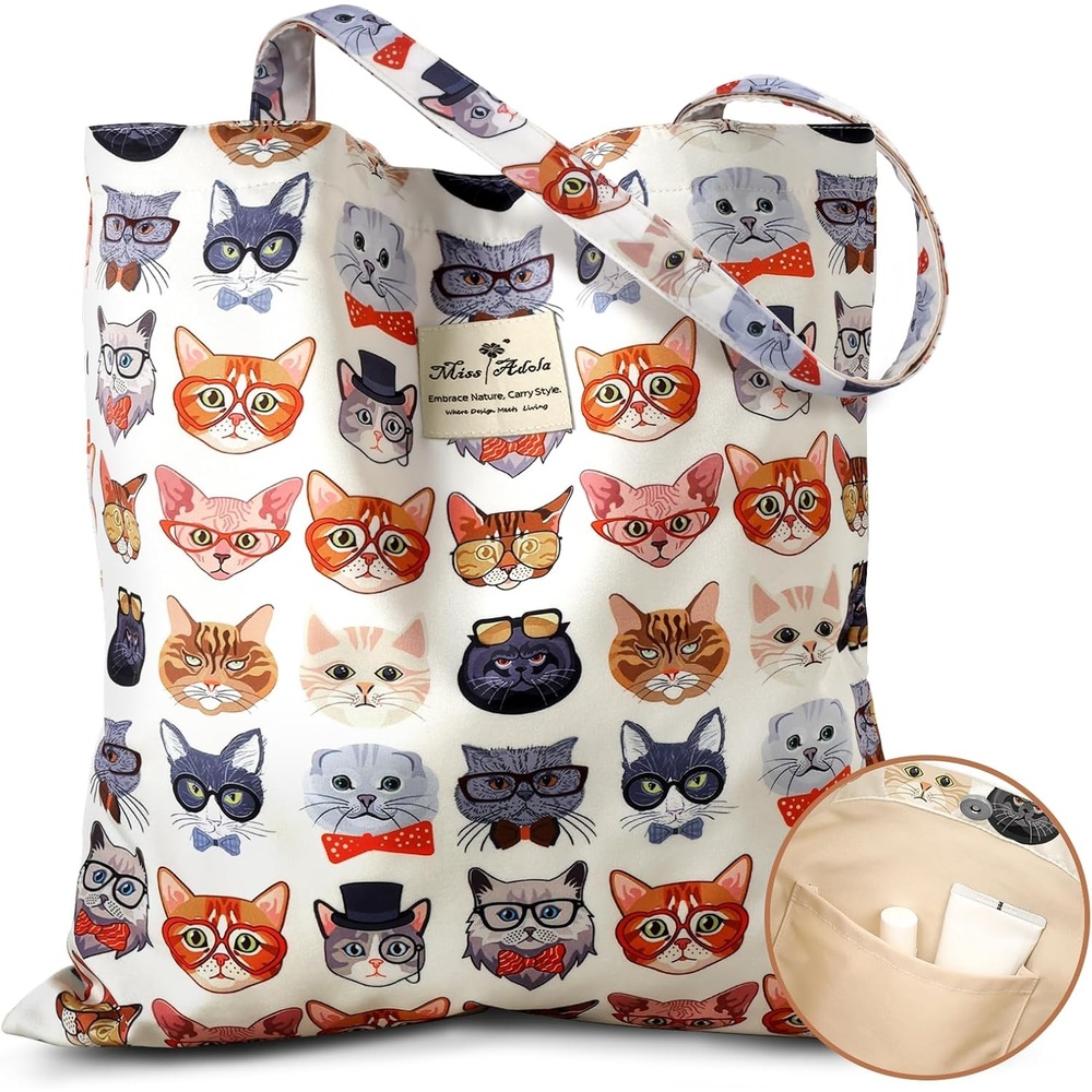 image:imageMiss Adola Aesthetic Tote Bag for Women Reusable Shoulder Bag with Buckle Fabric Bag for Gym Travel WorkGlasses Cats