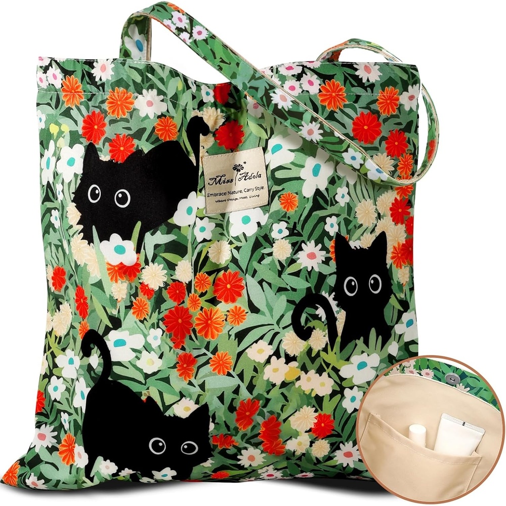 image:imageMiss Adola Aesthetic Tote Bag for Women Reusable Shoulder Bag with Buckle Fabric Bag for Gym Travel WorkGreen Three Cats