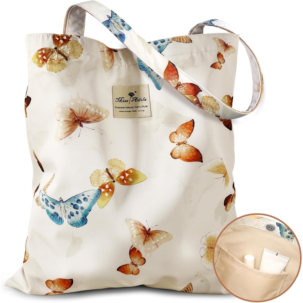 image:imageMiss Adola Aesthetic Tote Bag for Women Reusable Shoulder Bag with Buckle Fabric Bag for Gym Travel WorkInk Butterfly