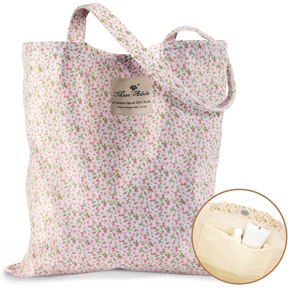 image:imageMiss Adola Aesthetic Tote Bag for Women Reusable Shoulder Bag with Buckle Fabric Bag for Gym Travel WorkPk White Flowers