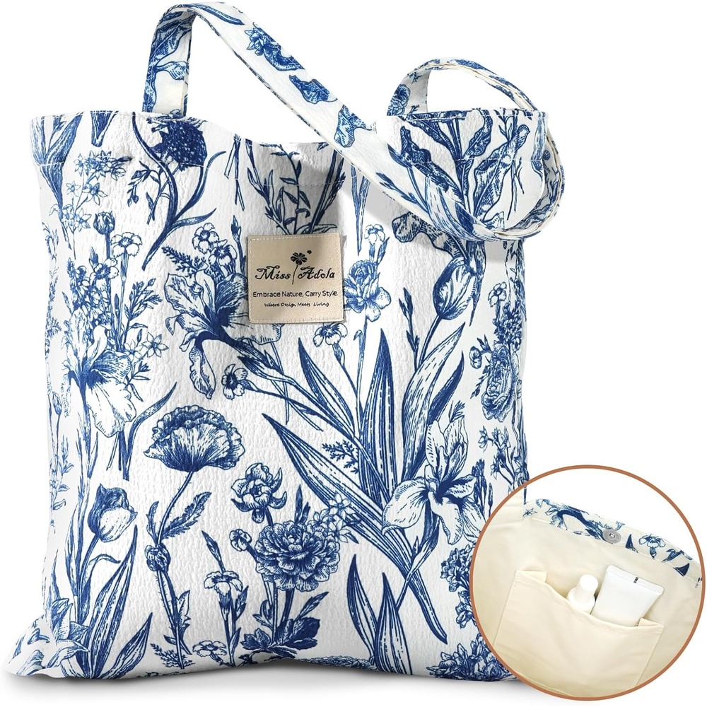 image:imageMiss Adola Aesthetic Tote Bag for Women Reusable Shoulder Bag with Buckle Fabric Bag for Gym Travel WorkWhite Blue Flowers