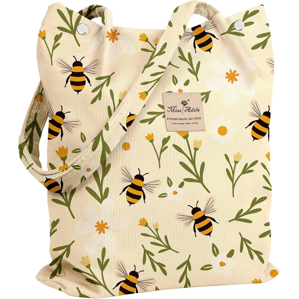 image:imageMiss Adola Corduroy Tote Bag for Women Reusable Totes with Pocket amp Buckle Cute Aesthetic Shoulder Bag for Work TravelBeige Flower Bee