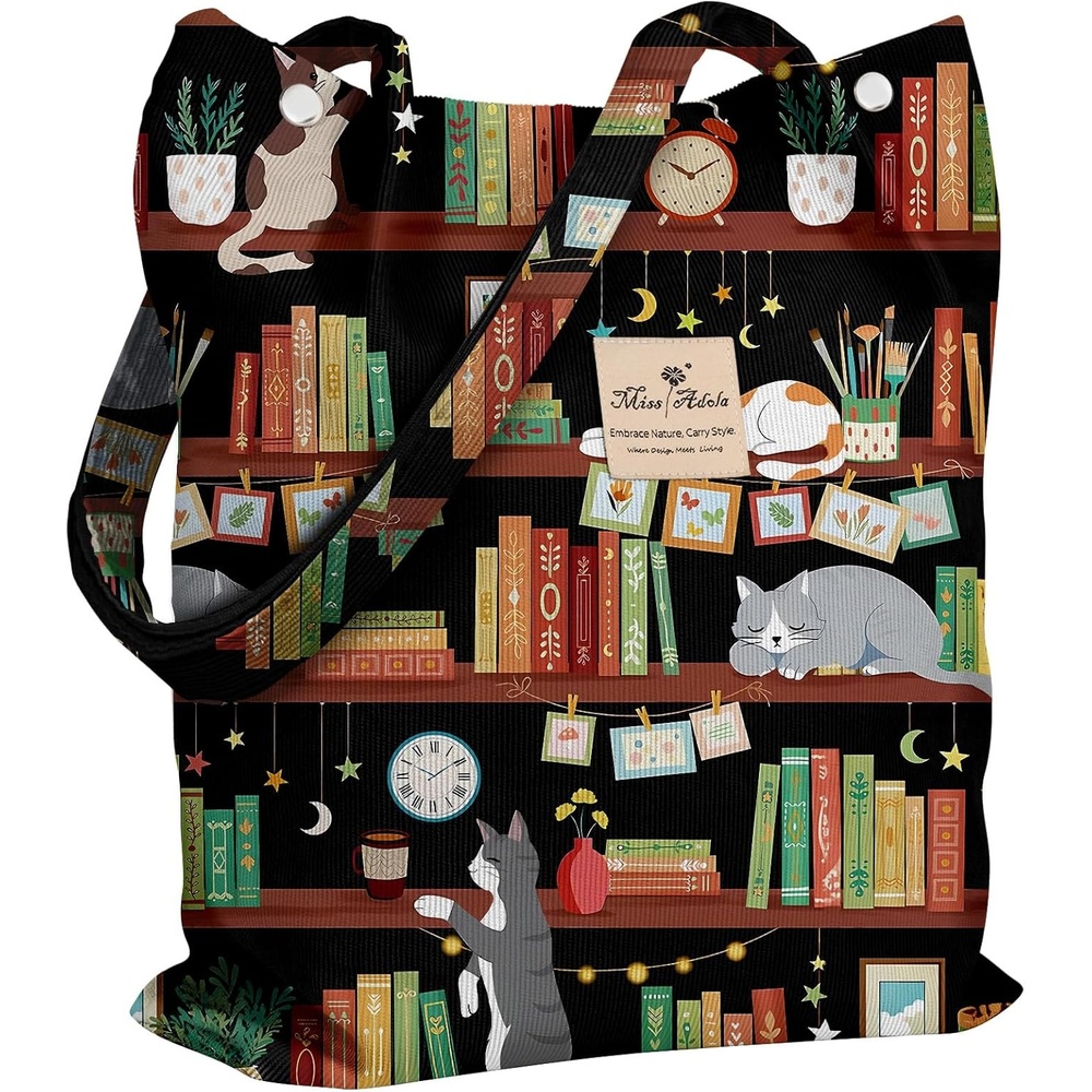 image:imageMiss Adola Corduroy Tote Bag for Women Reusable Totes with Pocket amp Buckle Cute Aesthetic Shoulder Bag for Work TravelCat Bookshelf