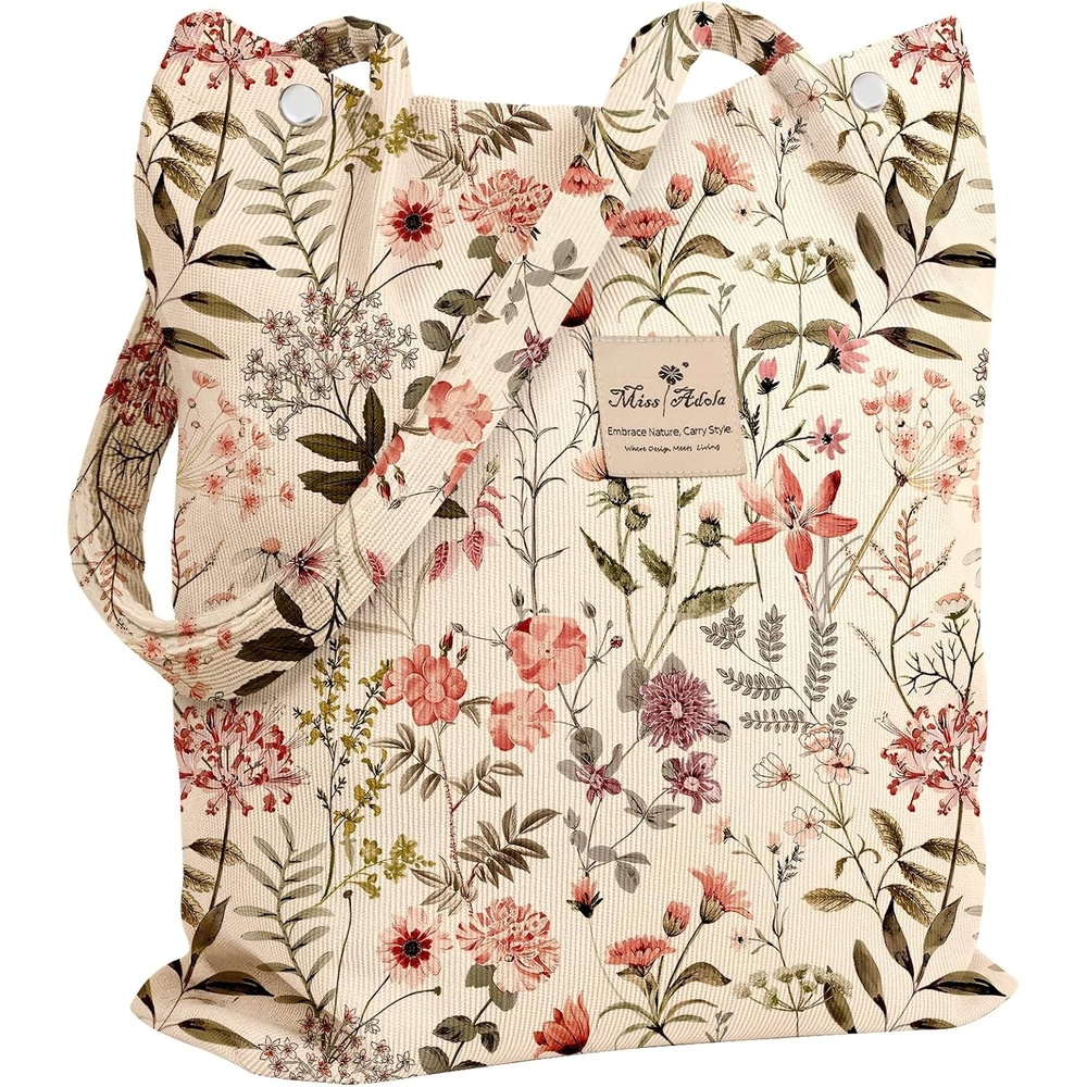 image:imageMiss Adola Corduroy Tote Bag for Women Reusable Totes with Pocket amp Buckle Cute Aesthetic Shoulder Bag for Work TravelFlower