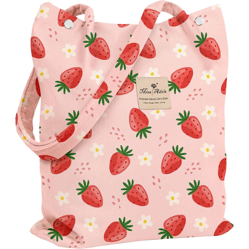 image:imageMiss Adola Corduroy Tote Bag for Women Reusable Totes with Pocket amp Buckle Cute Aesthetic Shoulder Bag for Work TravelFlower Strawberry