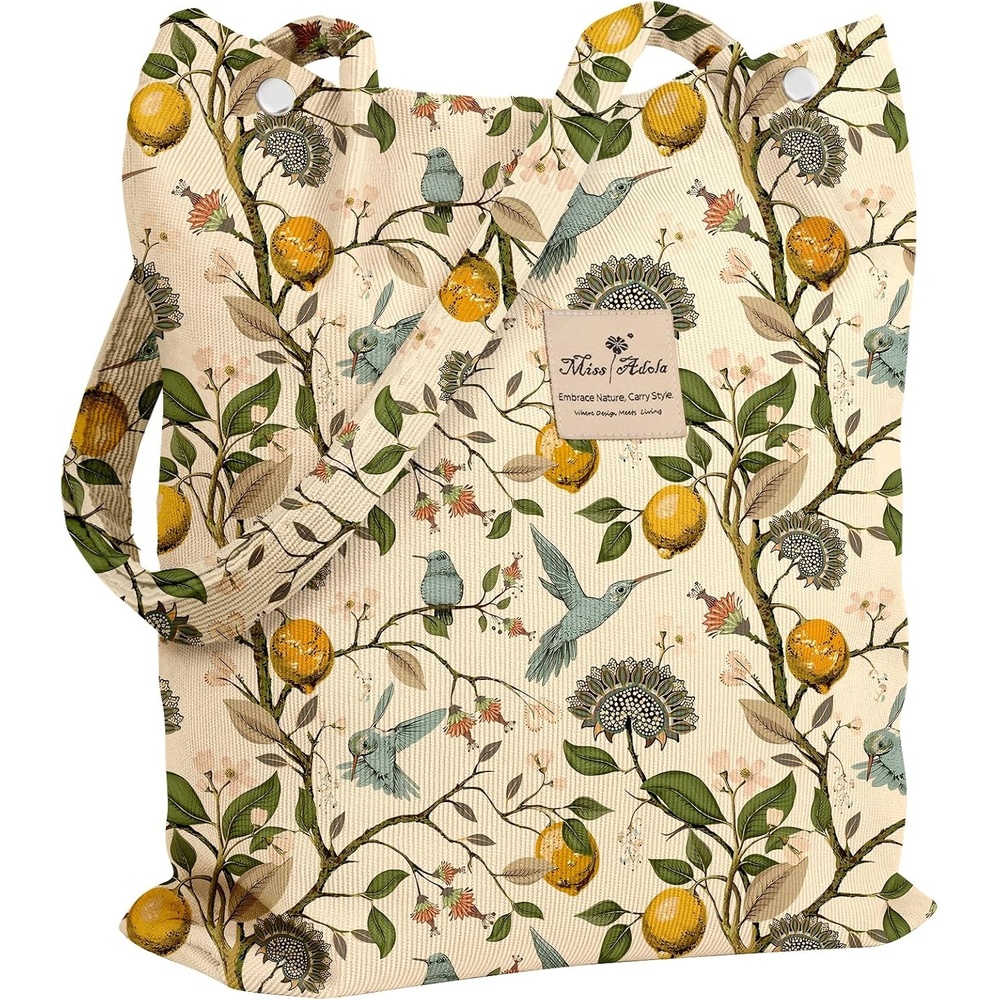 image:imageMiss Adola Corduroy Tote Bag for Women Reusable Totes with Pocket amp Buckle Cute Aesthetic Shoulder Bag for Work TravelLemon Flower Bird