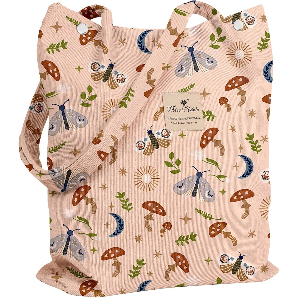 image:imageMiss Adola Corduroy Tote Bag for Women Reusable Totes with Pocket amp Buckle Cute Aesthetic Shoulder Bag for Work TravelMushroom Butterfly