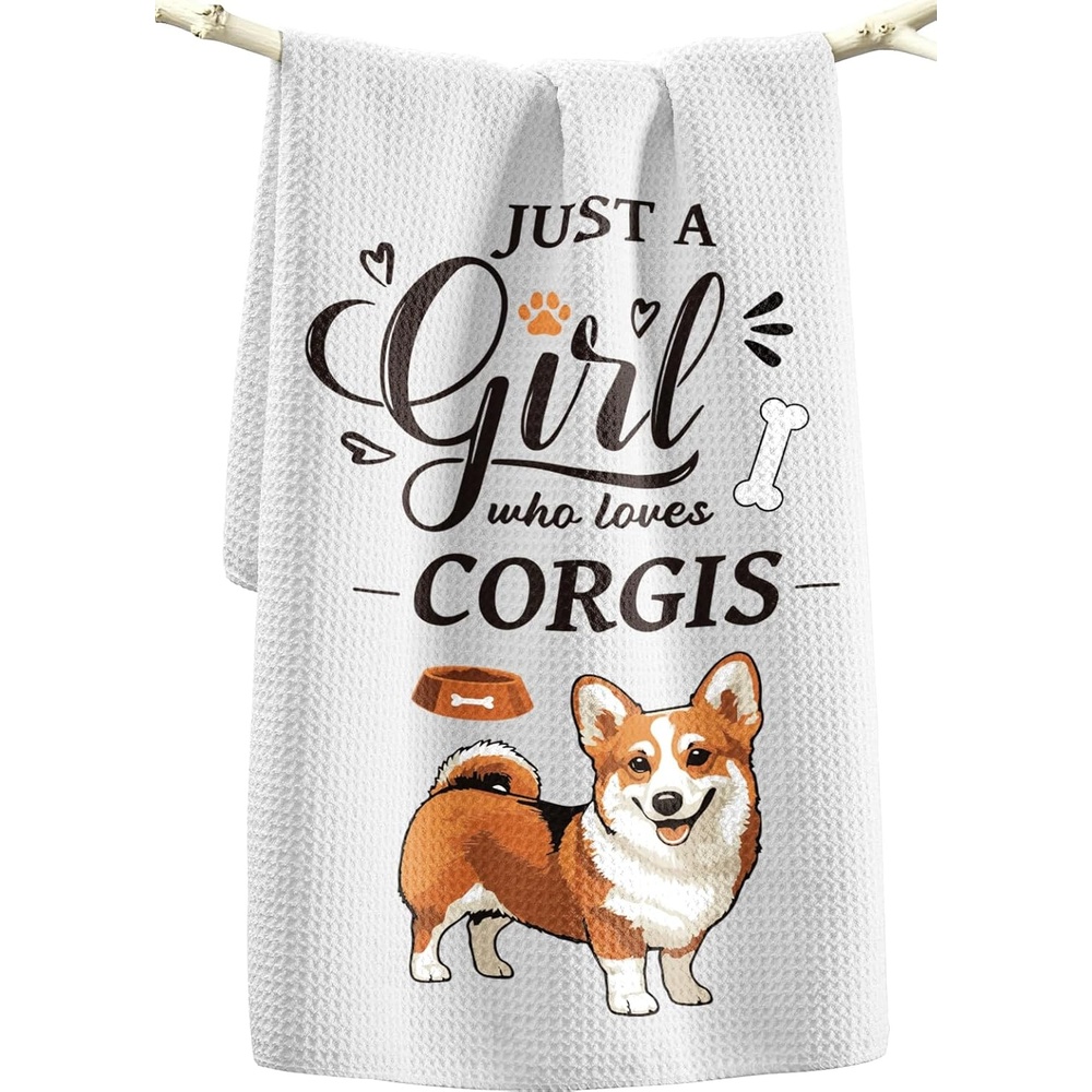 image:imageMiss Adola Dog Funny Kitchen Towels 15x28 Inch Decorative Waffle Microfiber Dish Cloths Cute Absorbent Reusable Hand Tea Towels with Hanging Loop Dachshund Gift for Dog LoversCorgi