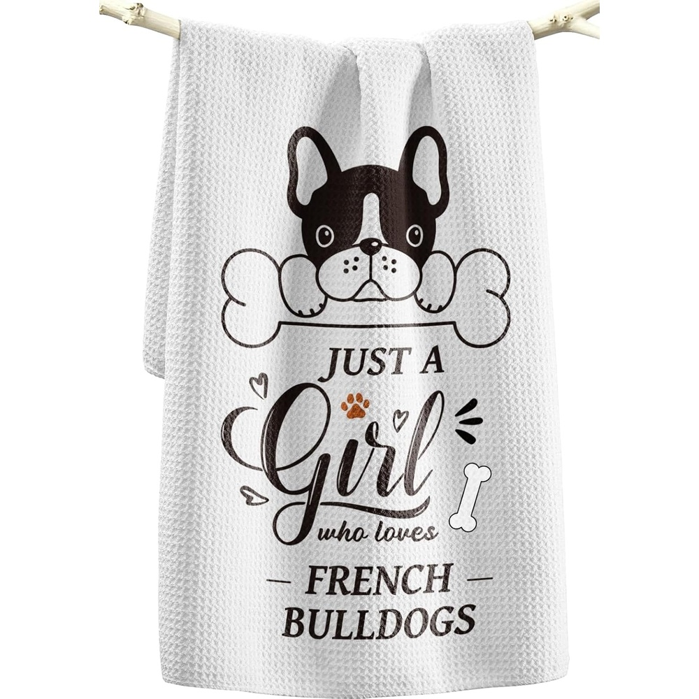 image:imageMiss Adola Dog Funny Kitchen Towels 15x28 Inch Decorative Waffle Microfiber Dish Cloths Cute Absorbent Reusable Hand Tea Towels with Hanging Loop Dachshund Gift for Dog LoversFrench Bulldog