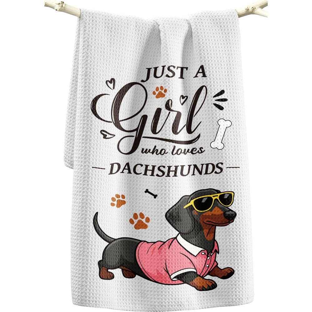 image:imageMiss Adola Dog Funny Kitchen Towels 15x28 Inch Decorative Waffle Microfiber Dish Cloths Cute Absorbent Reusable Hand Tea Towels with Hanging Loop Dachshund Gift for Dog LoversDachshund