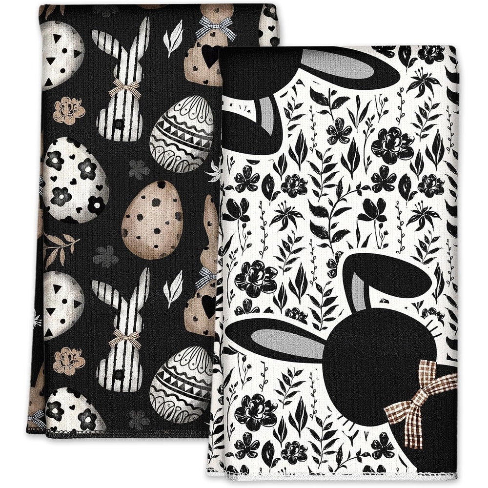 image:imageMiss Adola Easter Kitchen Towels Happy Easter 18x26 Inch Microfiber Kitchen Dish Cloth 2pcs Decorative Absorbent Hand Towels with Hanging Loop for Gifting HousewarmingBlack Bunnies