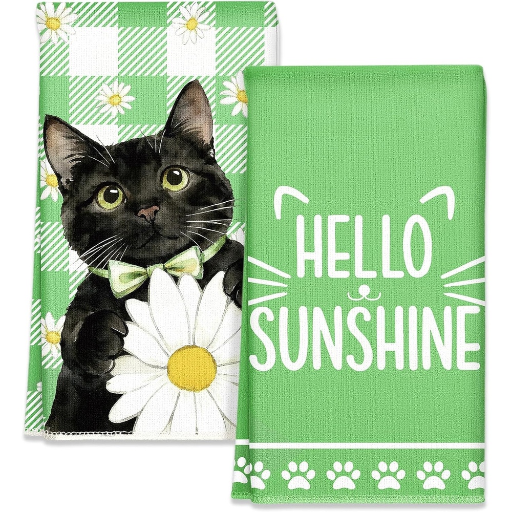 image:imageMiss Adola Easter Kitchen Towels Happy Easter 18x26 Inch Microfiber Kitchen Dish Cloth 2pcs Decorative Absorbent Hand Towels with Hanging Loop for Gifting HousewarmingGreen Cat