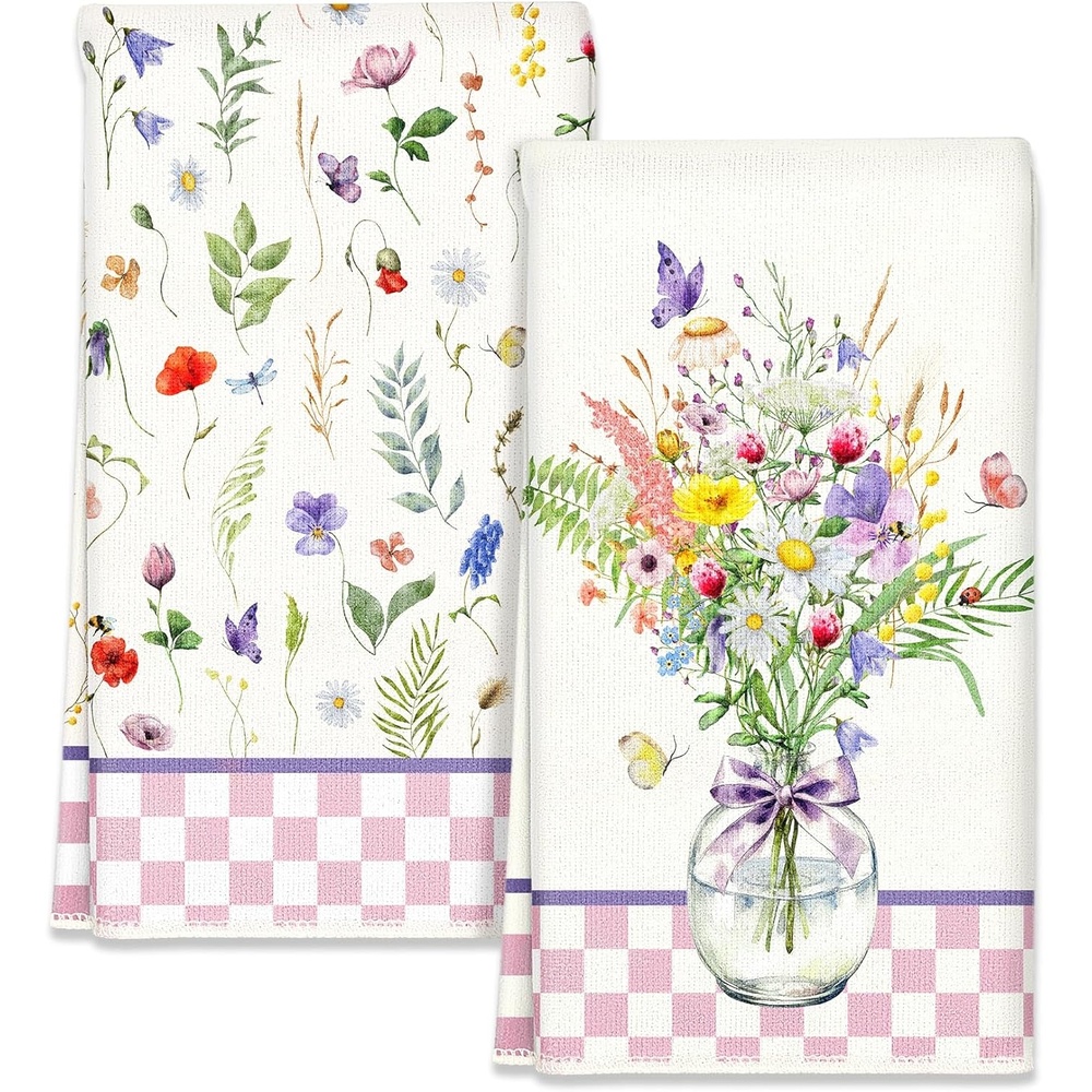 image:imageMiss Adola Easter Kitchen Towels Happy Easter 18x26 Inch Microfiber Kitchen Dish Cloth 2pcs Decorative Absorbent Hand Towels with Hanging Loop for Gifting HousewarmingWild Flowers