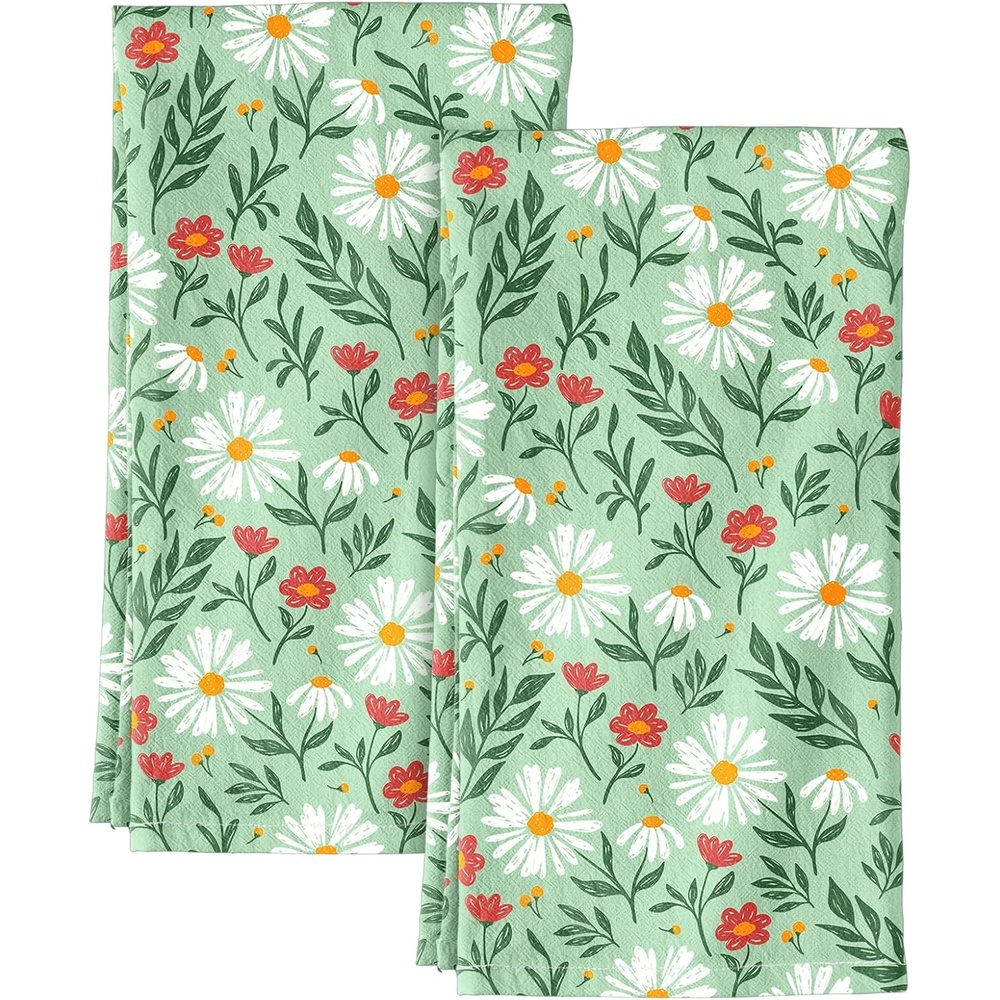 image:imageMiss Adola Flour Sack Kitchen Towels Set of 2 Cotton Dish Towels with Hanging Loop Decorative 18x26 Inch Absorbent Cute Design for Housewarming Gifts Retro FloralFresh Daisy