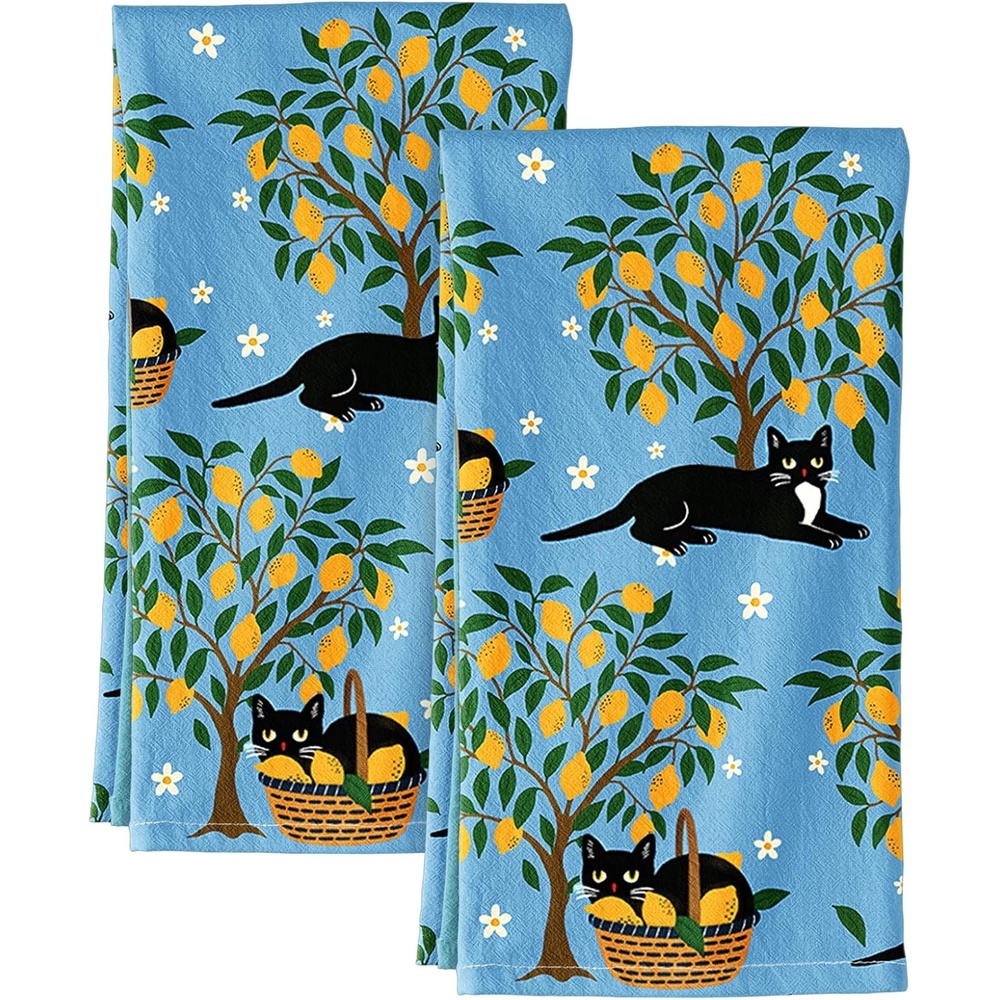 image:imageMiss Adola Flour Sack Kitchen Towels Set of 2 Cotton Dish Towels with Hanging Loop Decorative 18x26 Inch Absorbent Cute Design for Housewarming Gifts Retro FloralLemon Grove Cat
